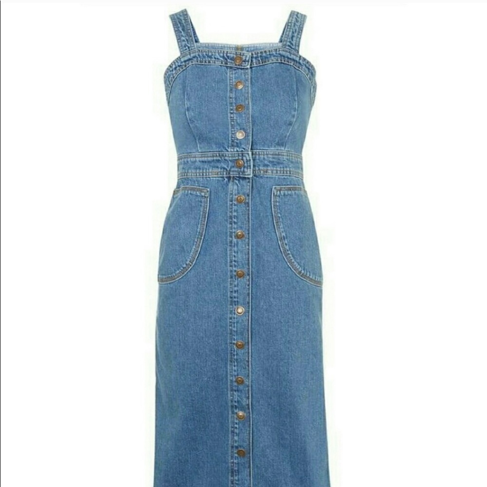 Topshop moto denim pinafore midi dress